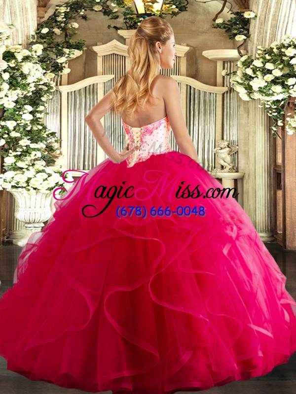 wholesale smart fuchsia ball gowns sweetheart sleeveless tulle floor length lace up beading and ruffles quinceanera dress