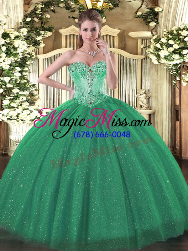 wholesale elegant sleeveless tulle and sequined floor length lace up sweet 16 quinceanera dress in turquoise with beading