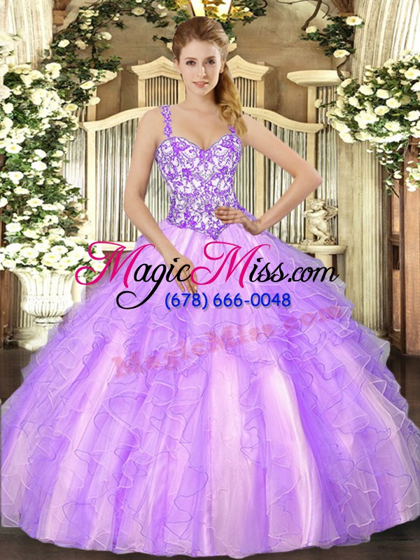 wholesale custom made organza straps sleeveless lace up beading and appliques and ruffles vestidos de quinceanera in lavender