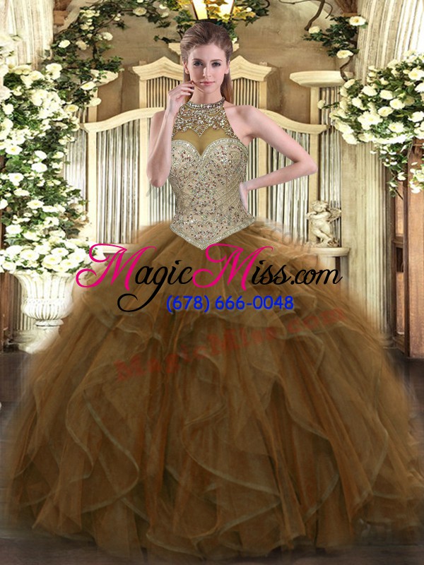 wholesale brown sleeveless beading and ruffles floor length quinceanera gown