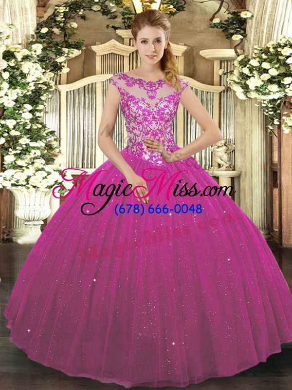 wholesale graceful fuchsia cap sleeves beading and appliques floor length sweet 16 dress
