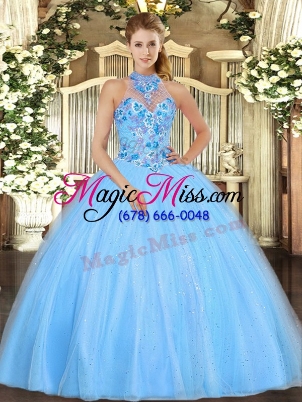 wholesale eye-catching baby blue halter top lace up embroidery quinceanera gown sleeveless