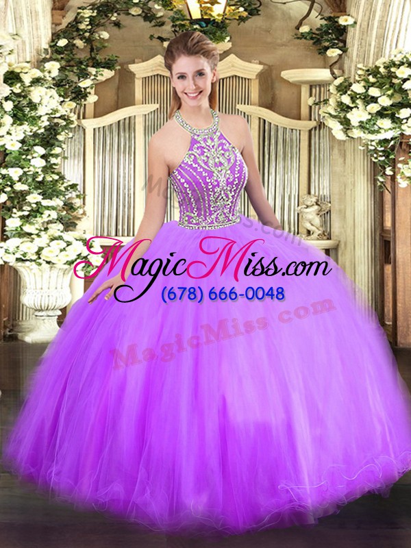 wholesale great tulle halter top sleeveless lace up beading quince ball gowns in lilac