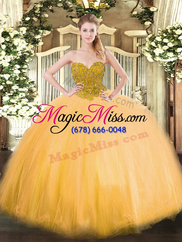 wholesale gold ball gowns tulle sweetheart sleeveless beading floor length lace up sweet 16 quinceanera dress