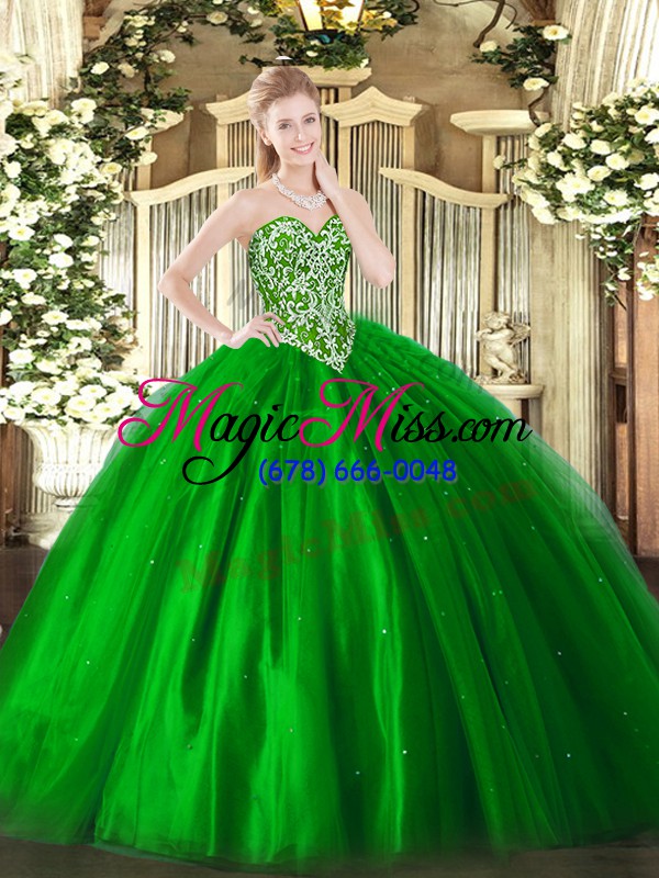 wholesale green sleeveless floor length beading lace up quinceanera gowns