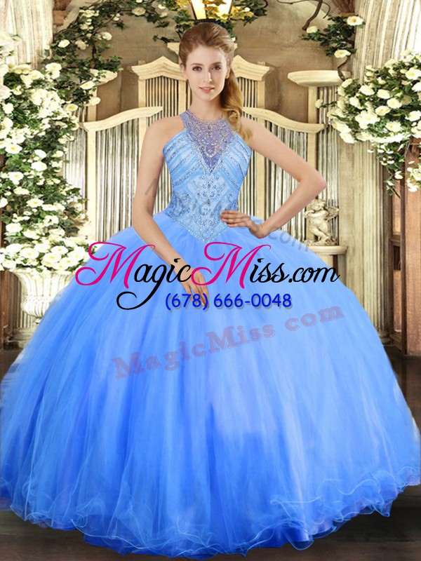 wholesale blue halter top neckline beading quinceanera gowns sleeveless lace up
