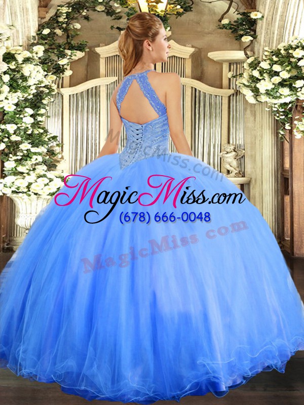 wholesale blue halter top neckline beading quinceanera gowns sleeveless lace up