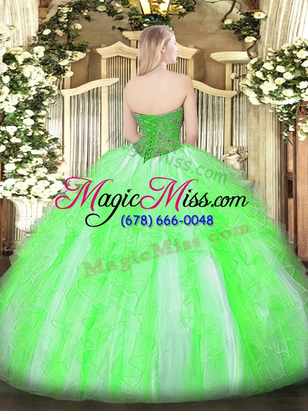 wholesale cheap beading and ruffles ball gown prom dress yellow green lace up sleeveless floor length