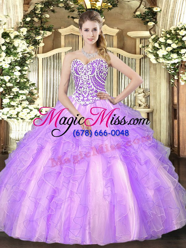 wholesale cute lavender lace up quinceanera dress beading and ruffles sleeveless floor length