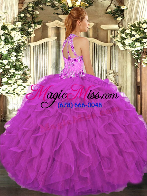 wholesale purple lace up halter top beading and embroidery and ruffles sweet 16 dress organza sleeveless