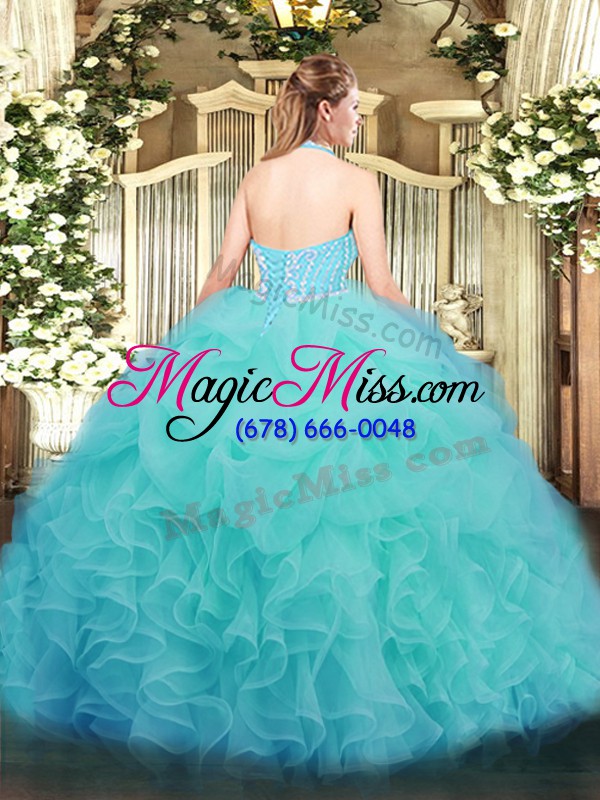 wholesale aqua blue ball gowns halter top sleeveless tulle floor length lace up ruffles sweet 16 dress