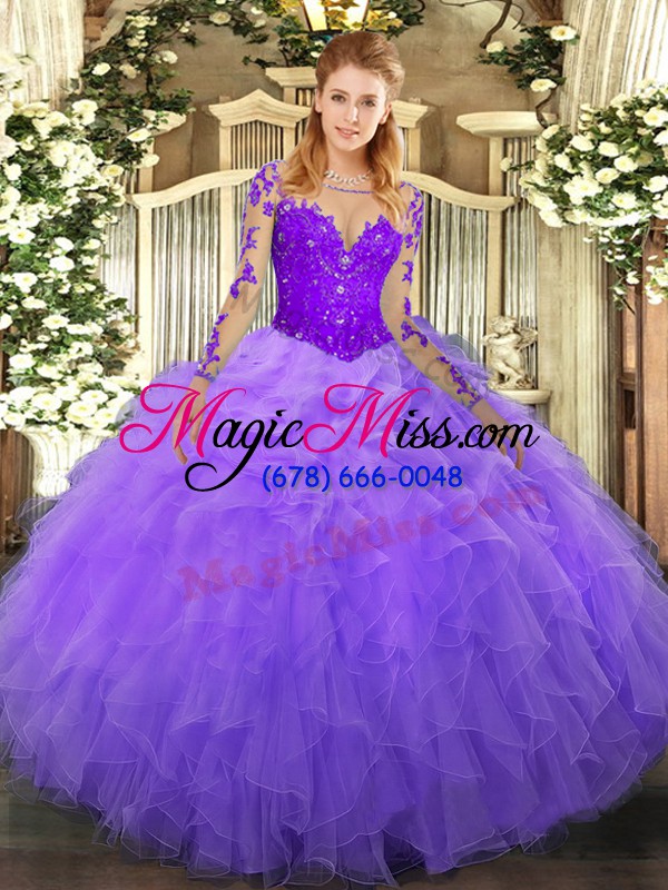 wholesale modern long sleeves floor length lace and ruffles lace up quinceanera dresses with lavender