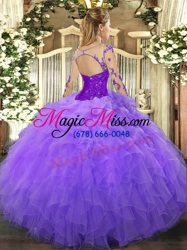 wholesale modern long sleeves floor length lace and ruffles lace up quinceanera dresses with lavender