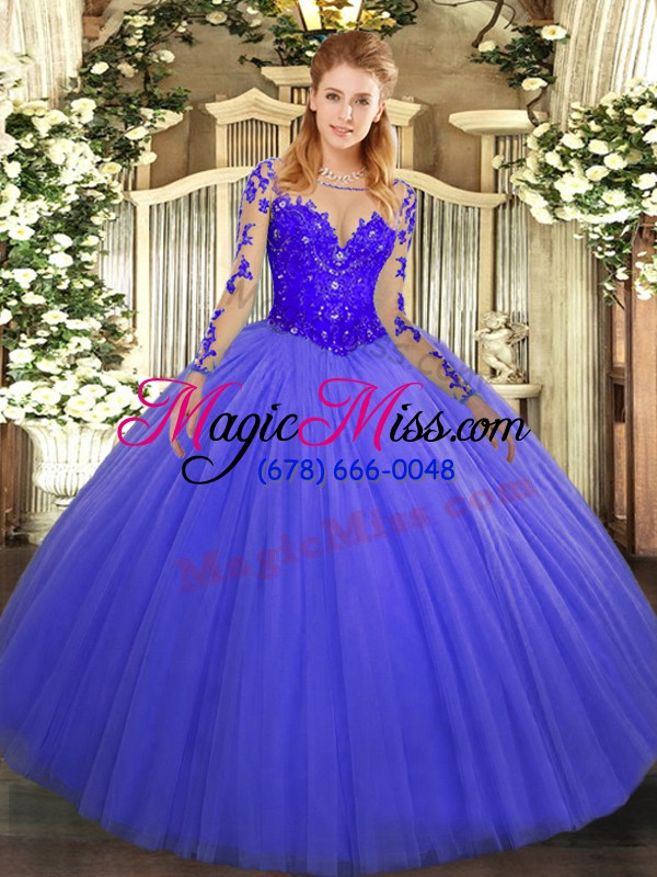 wholesale stylish scoop long sleeves sweet 16 quinceanera dress floor length lace blue tulle