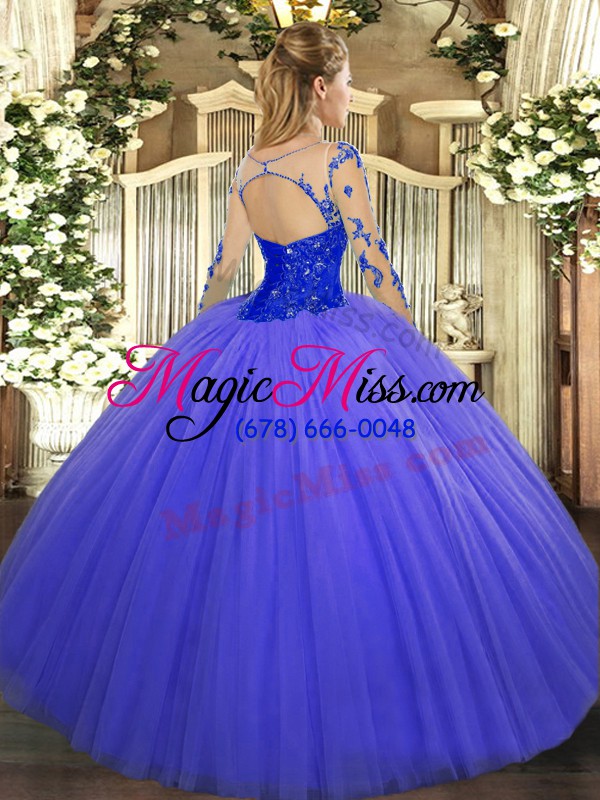 wholesale stylish scoop long sleeves sweet 16 quinceanera dress floor length lace blue tulle