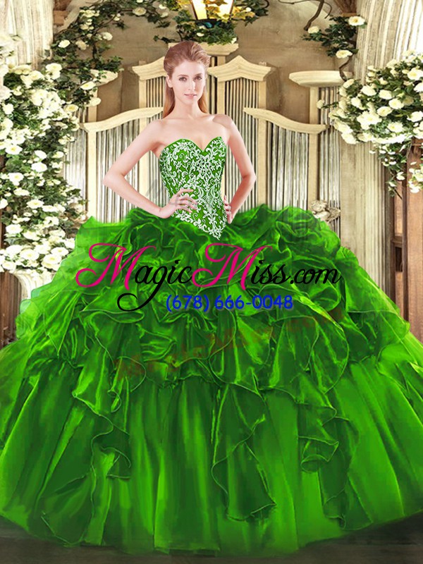 wholesale green lace up 15th birthday dress beading and ruffles sleeveless floor length