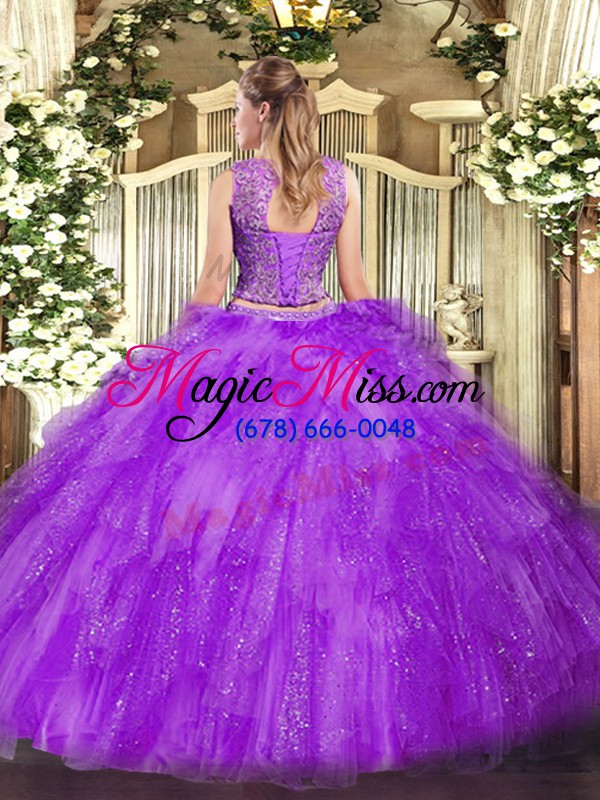 wholesale sleeveless tulle floor length lace up quinceanera dresses in fuchsia with beading and ruffles