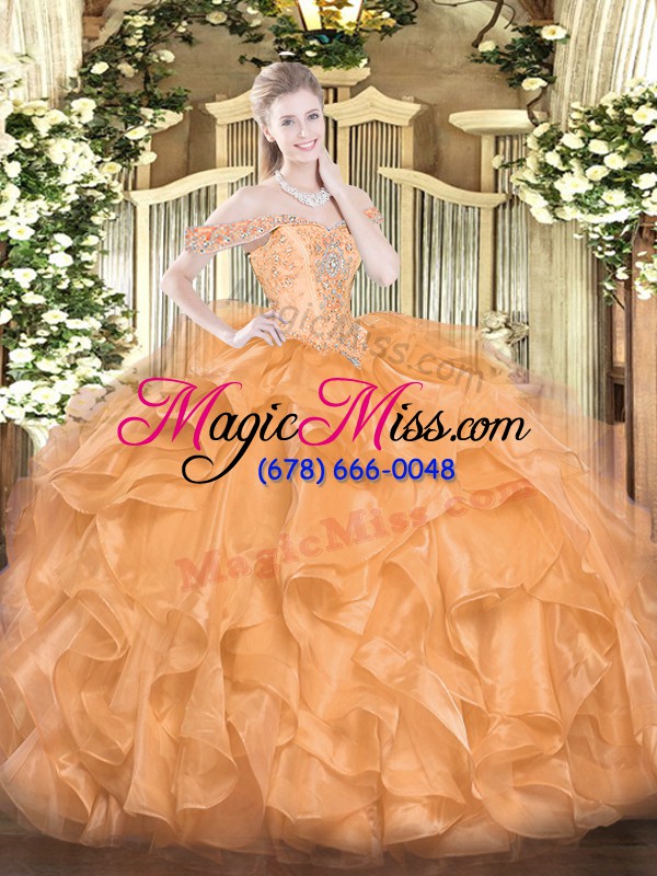 wholesale latest orange organza lace up off the shoulder sleeveless floor length quince ball gowns beading and ruffles