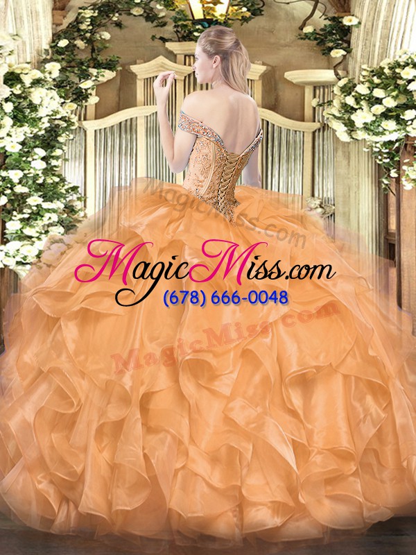 wholesale latest orange organza lace up off the shoulder sleeveless floor length quince ball gowns beading and ruffles