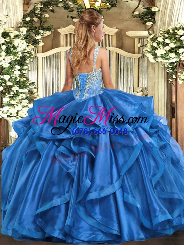 wholesale blue lace up straps beading and ruffles 15th birthday dress organza sleeveless