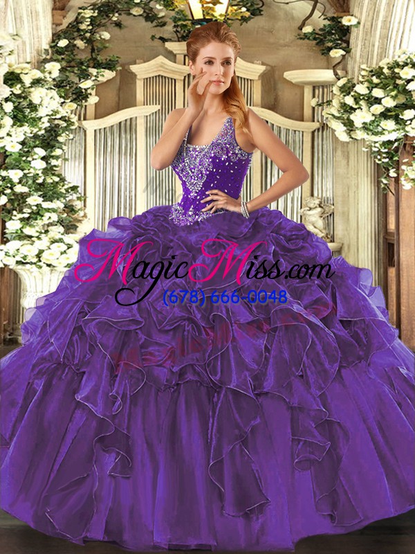 wholesale excellent floor length lace up quince ball gowns purple for military ball and sweet 16 and quinceanera with beading and ruffles