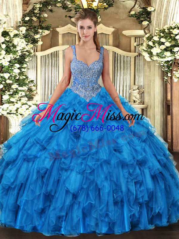 wholesale blue sleeveless floor length beading and ruffles lace up quinceanera gowns