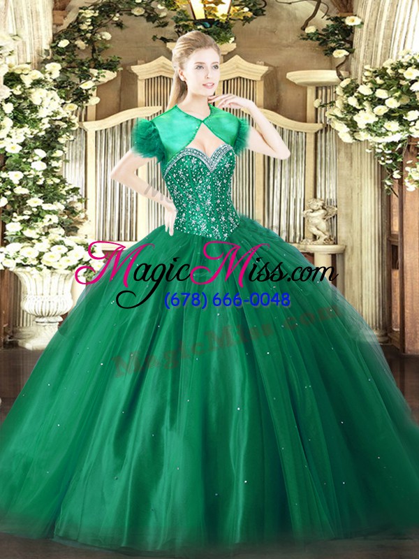 wholesale best selling sweetheart sleeveless quince ball gowns floor length beading dark green tulle