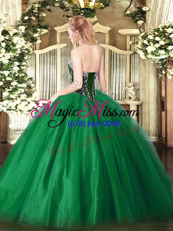 wholesale best selling sweetheart sleeveless quince ball gowns floor length beading dark green tulle