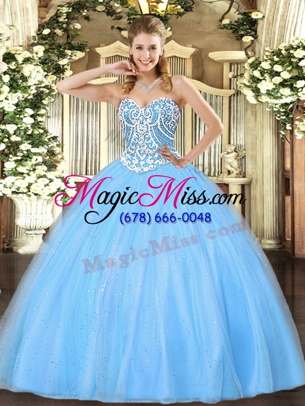 wholesale graceful aqua blue ball gowns beading quinceanera gowns lace up tulle sleeveless floor length