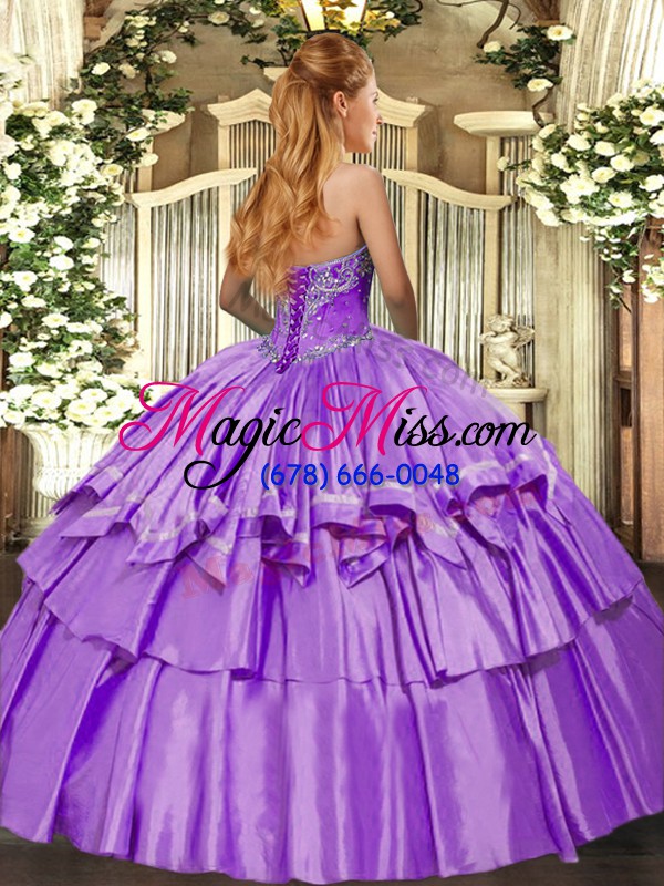 wholesale inexpensive purple organza and taffeta lace up quince ball gowns sleeveless floor length beading and ruffled layers