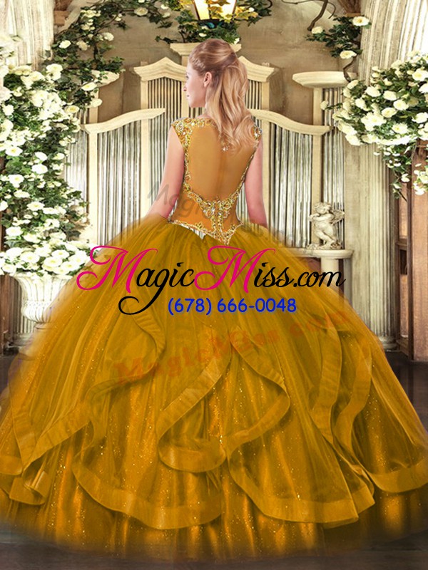 wholesale brown ball gowns scoop sleeveless tulle floor length zipper beading quinceanera dress