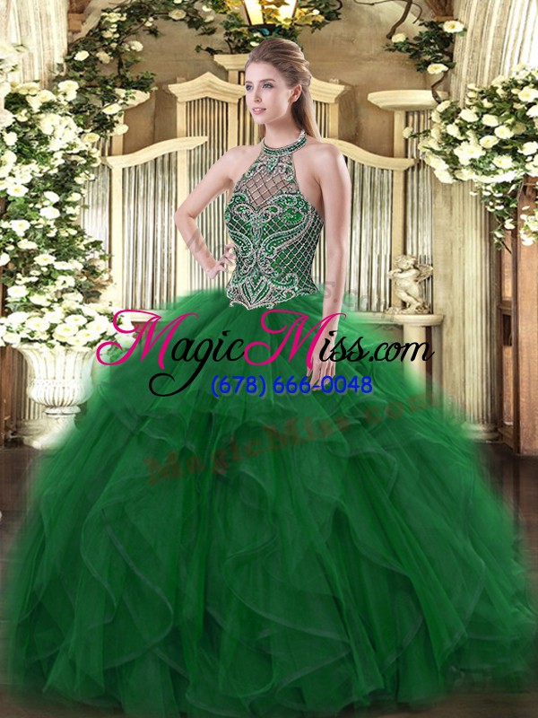 wholesale charming green sleeveless floor length beading and ruffles lace up quinceanera gown
