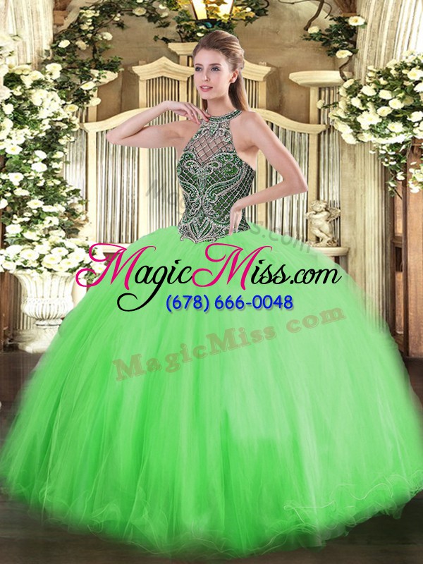 wholesale shining ball gowns tulle halter top sleeveless beading floor length lace up quinceanera gowns