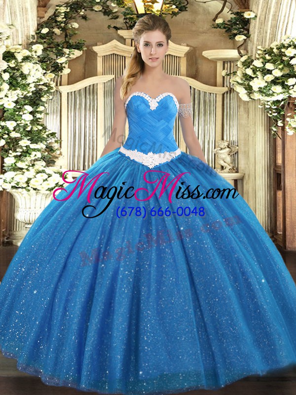 wholesale deluxe sleeveless floor length appliques lace up 15 quinceanera dress with blue