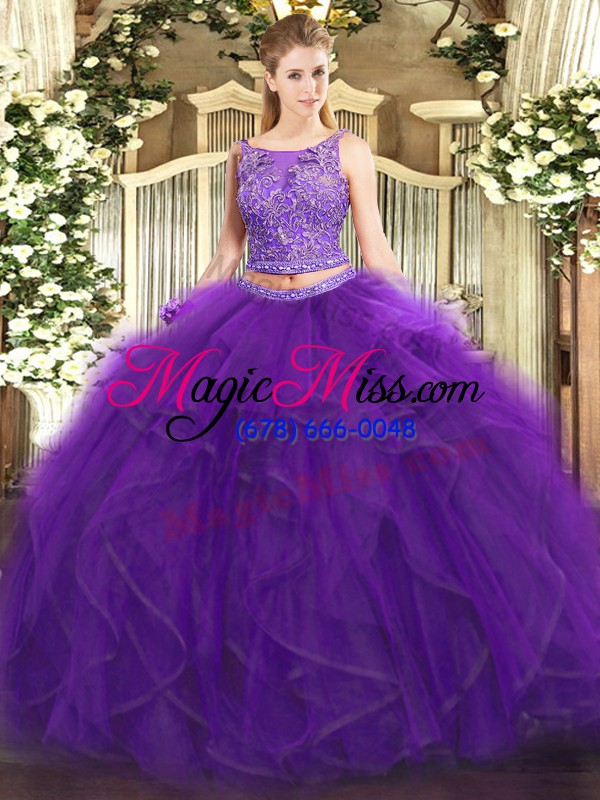 wholesale two pieces sweet 16 dress purple scoop tulle sleeveless floor length lace up