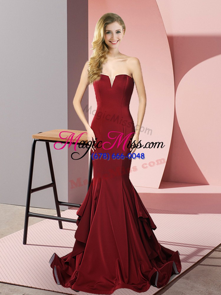 wholesale burgundy v-neck side zipper ruffles prom dress sweep train sleeveless