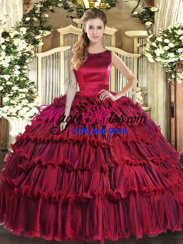 wholesale simple wine red organza lace up scoop sleeveless floor length quince ball gowns ruffled layers