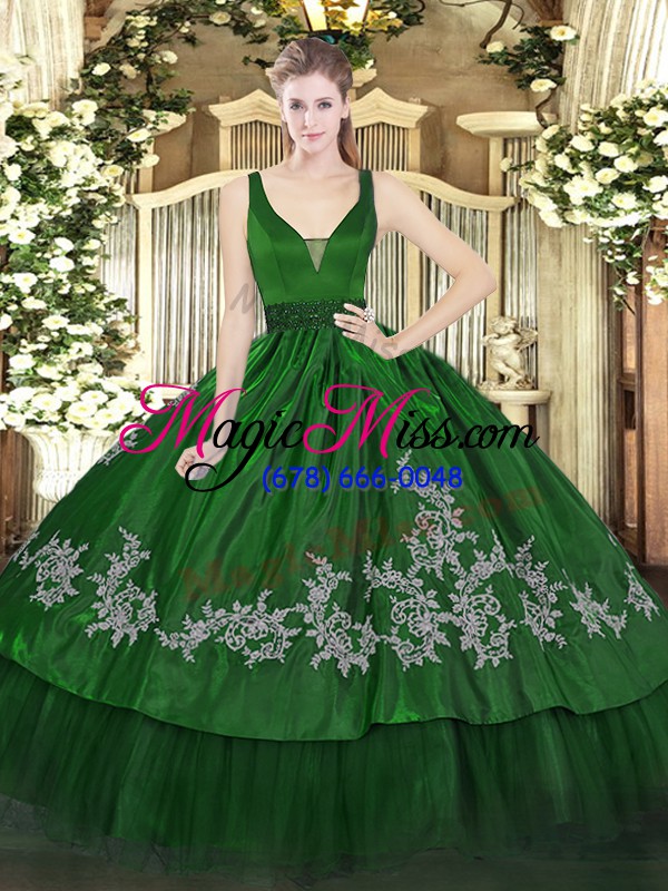 wholesale fine dark green zipper quinceanera dresses beading and embroidery sleeveless floor length