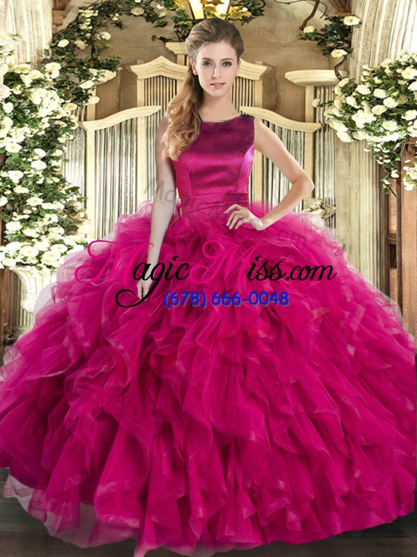 wholesale pretty fuchsia scoop neckline ruffles quinceanera gown sleeveless lace up