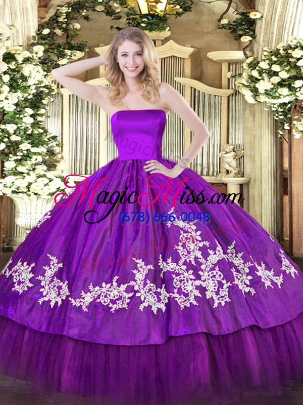wholesale modest sleeveless organza and taffeta floor length zipper quinceanera dresses in purple with embroidery