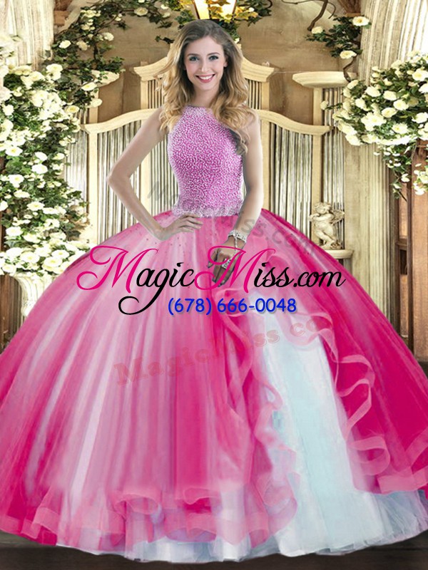 wholesale hot pink sleeveless floor length beading and ruffles lace up quinceanera dresses