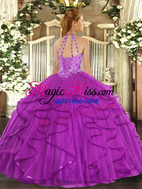 wholesale pretty halter top sleeveless lace up ball gown prom dress fuchsia tulle