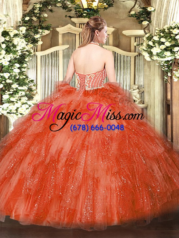 wholesale custom made halter top sleeveless tulle quinceanera gown beading and ruffles lace up