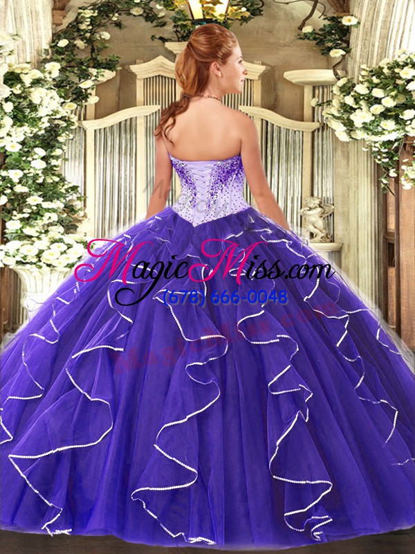 wholesale exceptional fuchsia ball gowns beading sweet 16 dress lace up tulle sleeveless floor length