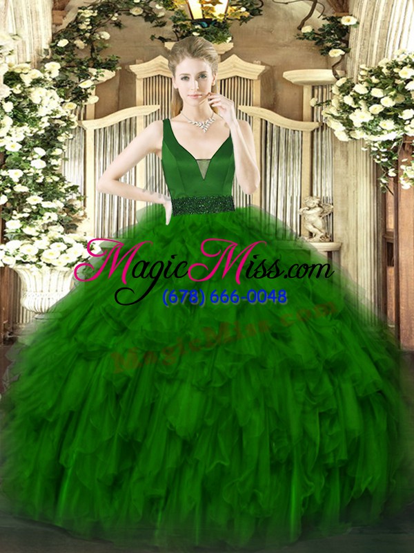 wholesale simple dark green sleeveless organza zipper ball gown prom dress for military ball and sweet 16 and quinceanera
