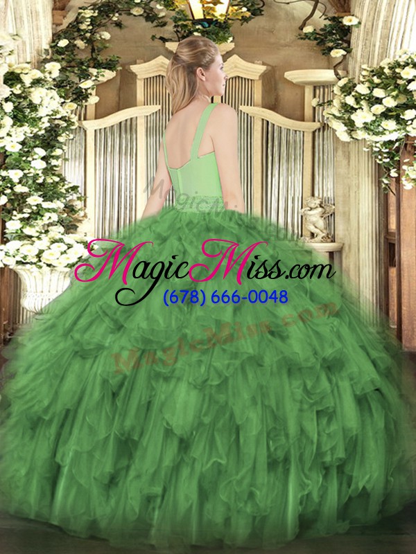 wholesale simple dark green sleeveless organza zipper ball gown prom dress for military ball and sweet 16 and quinceanera