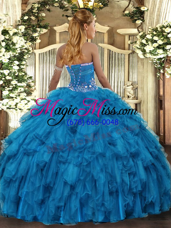 wholesale clearance strapless sleeveless lace up sweet 16 dress teal organza