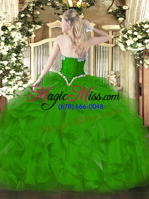 wholesale olive green organza lace up quince ball gowns sleeveless floor length beading and ruffles