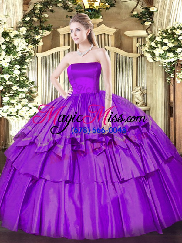 wholesale ball gowns quince ball gowns eggplant purple strapless organza and taffeta sleeveless floor length zipper