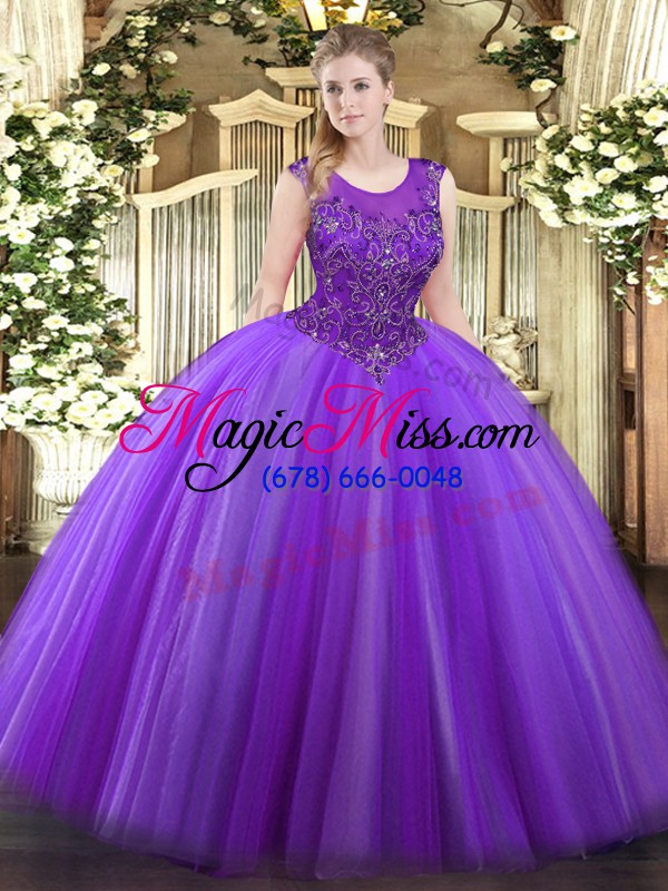 wholesale super eggplant purple ball gowns beading quinceanera gowns zipper tulle sleeveless floor length